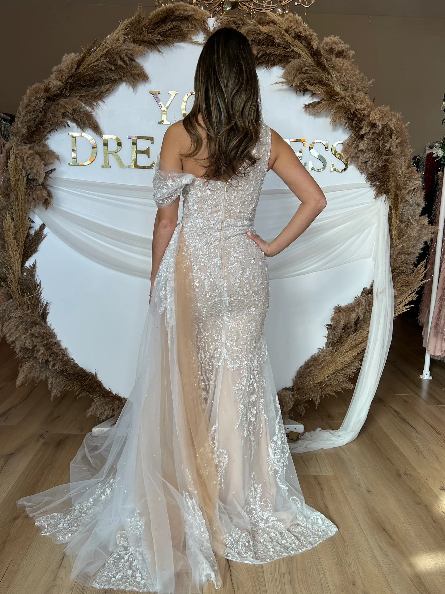 Champagne Off-the-Shoulder Sleeveless Mermaid Lace Sequined High Slit Formal Evening Gown