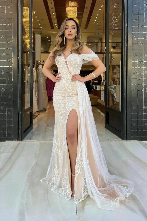 Champagne Off-the-Shoulder Sleeveless Mermaid Lace Sequined High Slit Formal Evening Gown