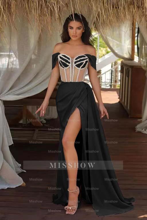 Champagne Off-the-Shoulder Sleeveless Mermaid Satin Beaded Split Floor Length Evening Gown