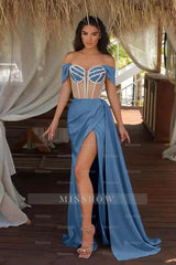 Champagne Off-the-Shoulder Sleeveless Mermaid Satin Beaded Split Floor Length Evening Gown