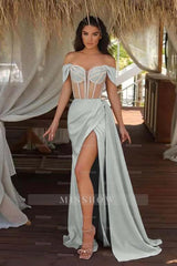 Champagne Off-the-Shoulder Sleeveless Mermaid Satin Beaded Split Floor Length Evening Gown