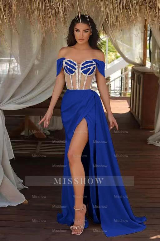 Champagne Off-the-Shoulder Sleeveless Mermaid Satin Beaded Split Floor Length Evening Gown