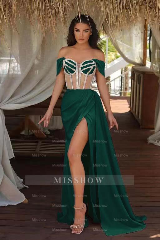 Champagne Off-the-Shoulder Sleeveless Mermaid Satin Beaded Split Floor Length Evening Gown