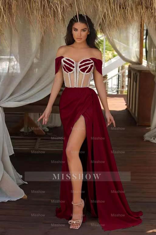 Champagne Off-the-Shoulder Sleeveless Mermaid Satin Beaded Split Floor Length Evening Gown