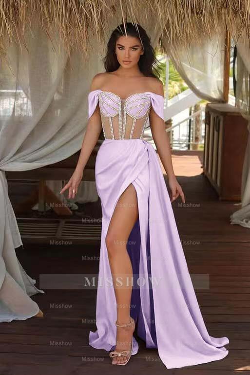 Champagne Off-the-Shoulder Sleeveless Mermaid Satin Beaded Split Floor Length Evening Gown