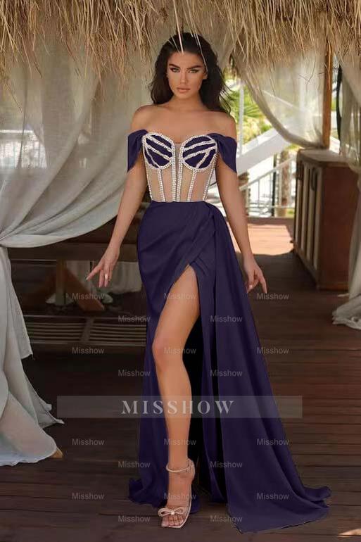 Champagne Off-the-Shoulder Sleeveless Mermaid Satin Beaded Split Floor Length Evening Gown