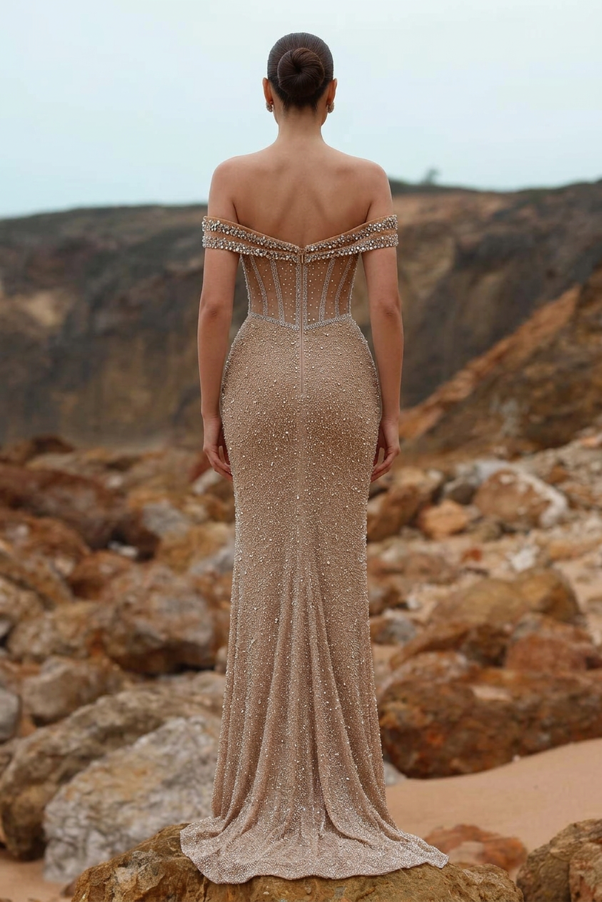 Champagne Off-the-Shoulder Sleeveless Mermaid Sequined Floor Length Formal Evening Gown
