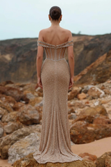 Champagne Off-the-Shoulder Sleeveless Mermaid Sequined Floor Length Formal Evening Gown