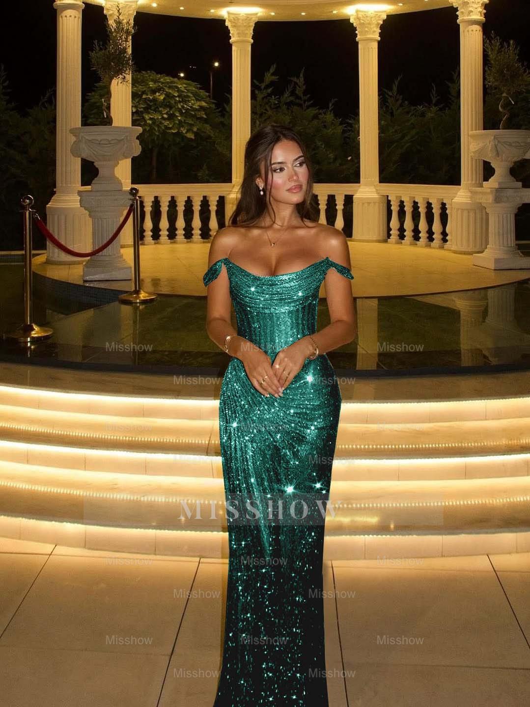 Champagne Off-the-Shoulder Sleeveless Sequined Bodycon Floor Length Formal Evening Gown