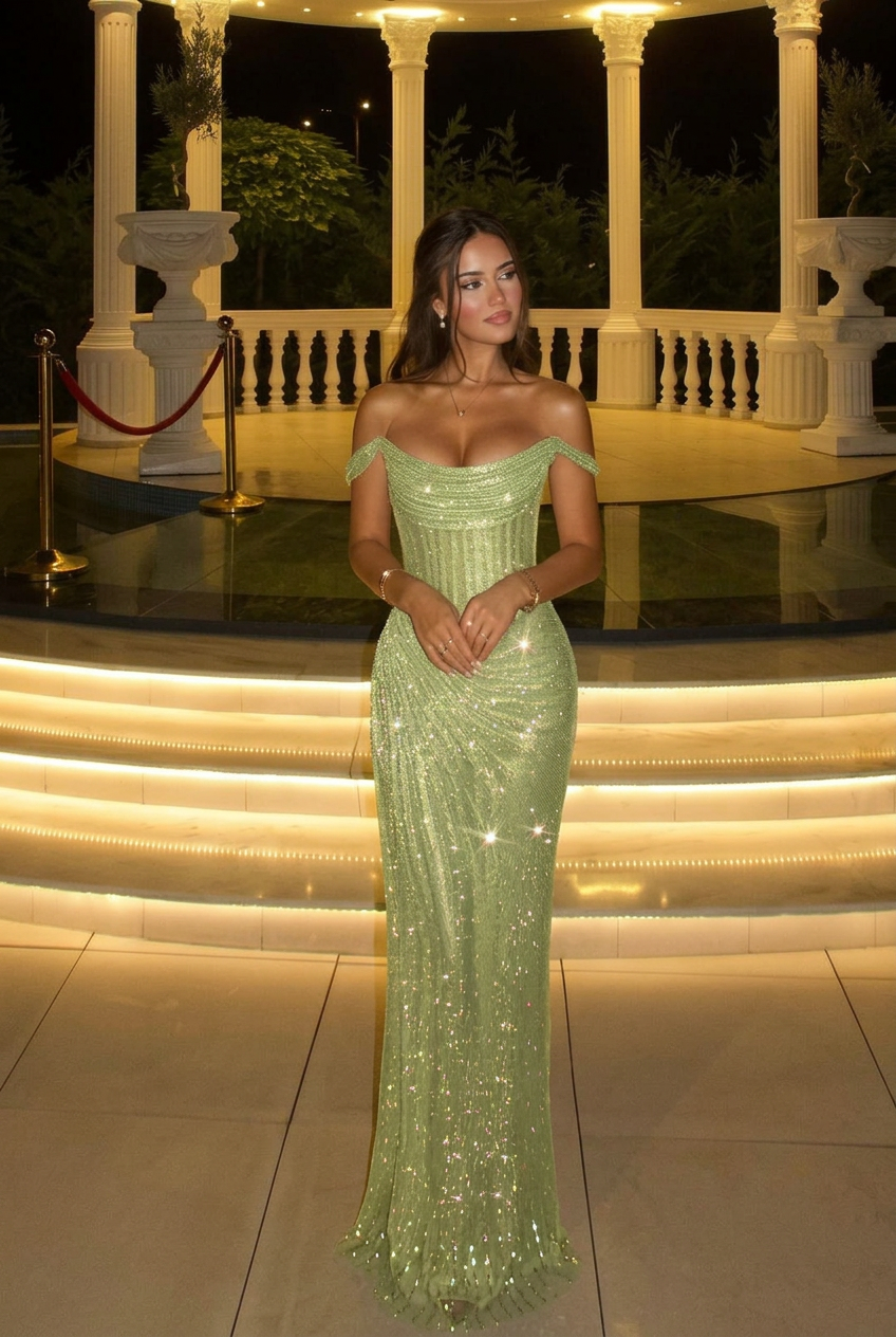 Sage off-the-shoulder sequin bodycon evening dress