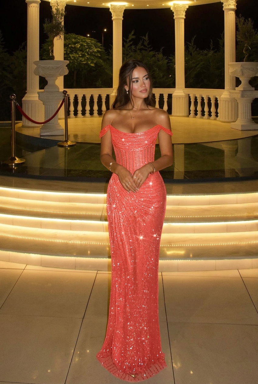 Coral off-the-shoulder sequin bodycon evening dress