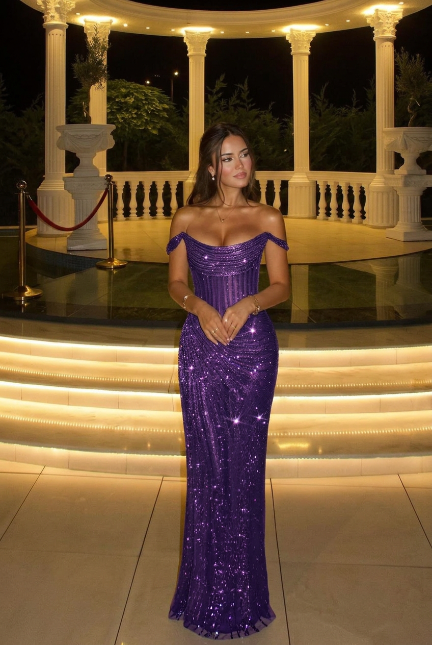 Regency off-the-shoulder sequin bodycon evening dress