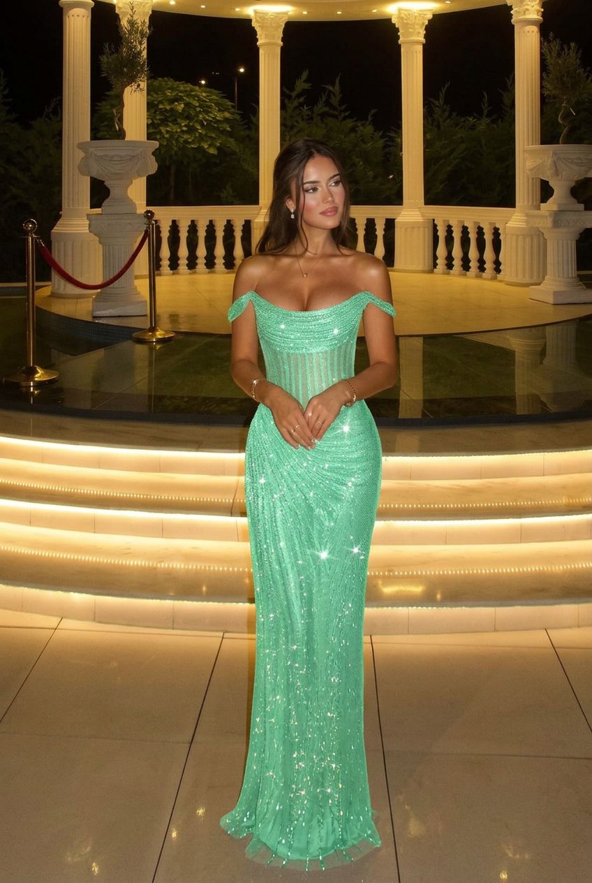 Mint green off-the-shoulder sequin bodycon evening dress