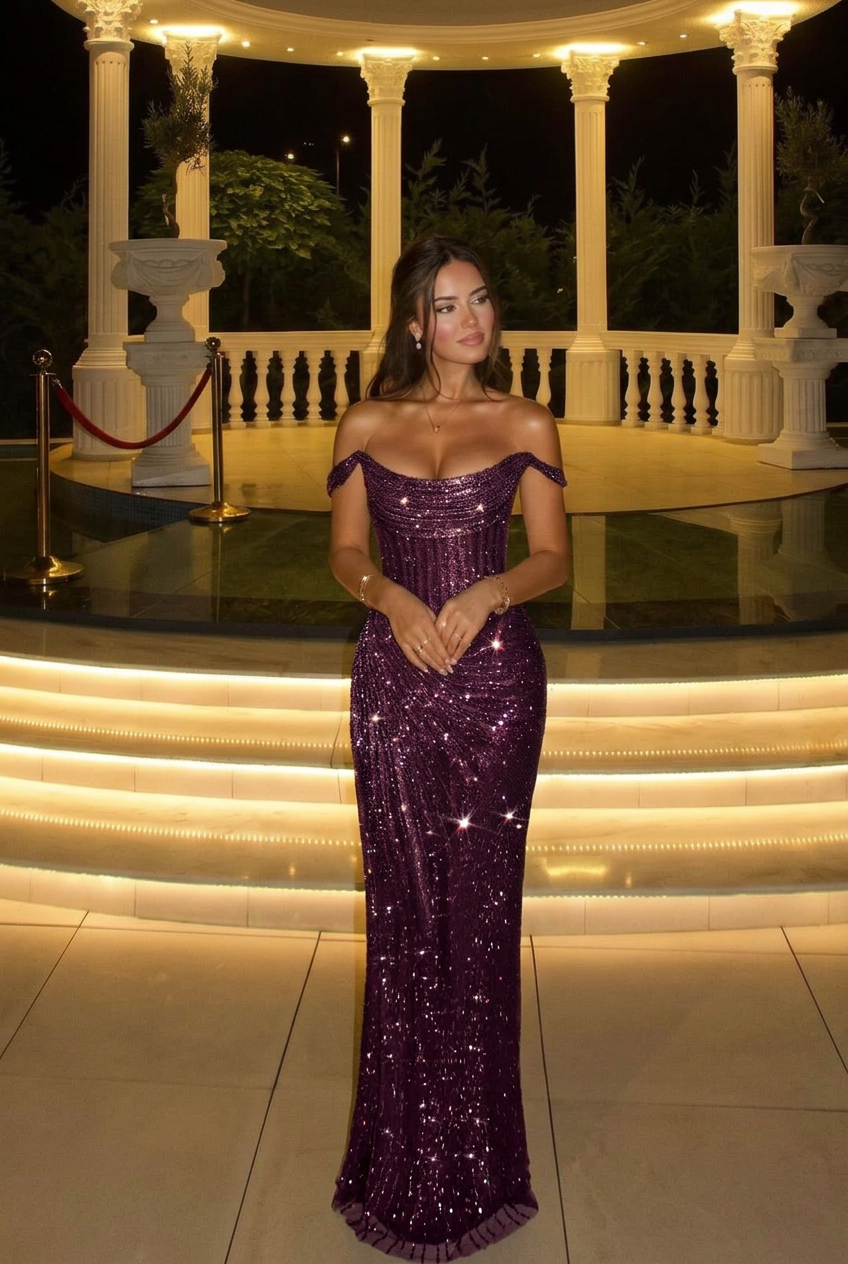 Grape off-the-shoulder sequin bodycon evening dress