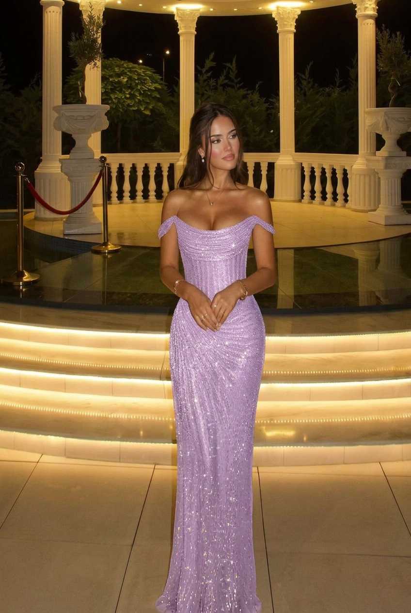 Lavender off-the-shoulder sequin bodycon evening dress