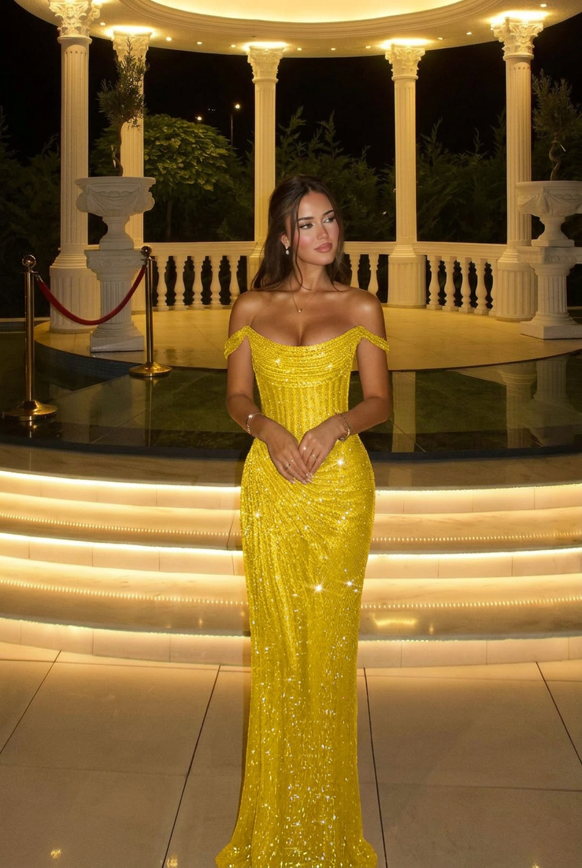 Yellow off-the-shoulder sequin bodycon evening dress
