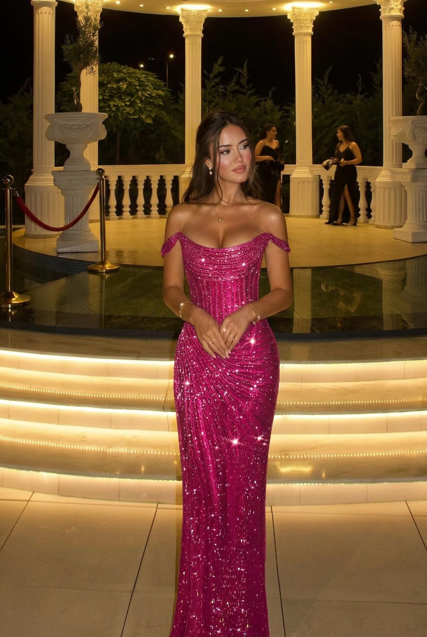 Fuchsia off-the-shoulder sequin bodycon evening dress