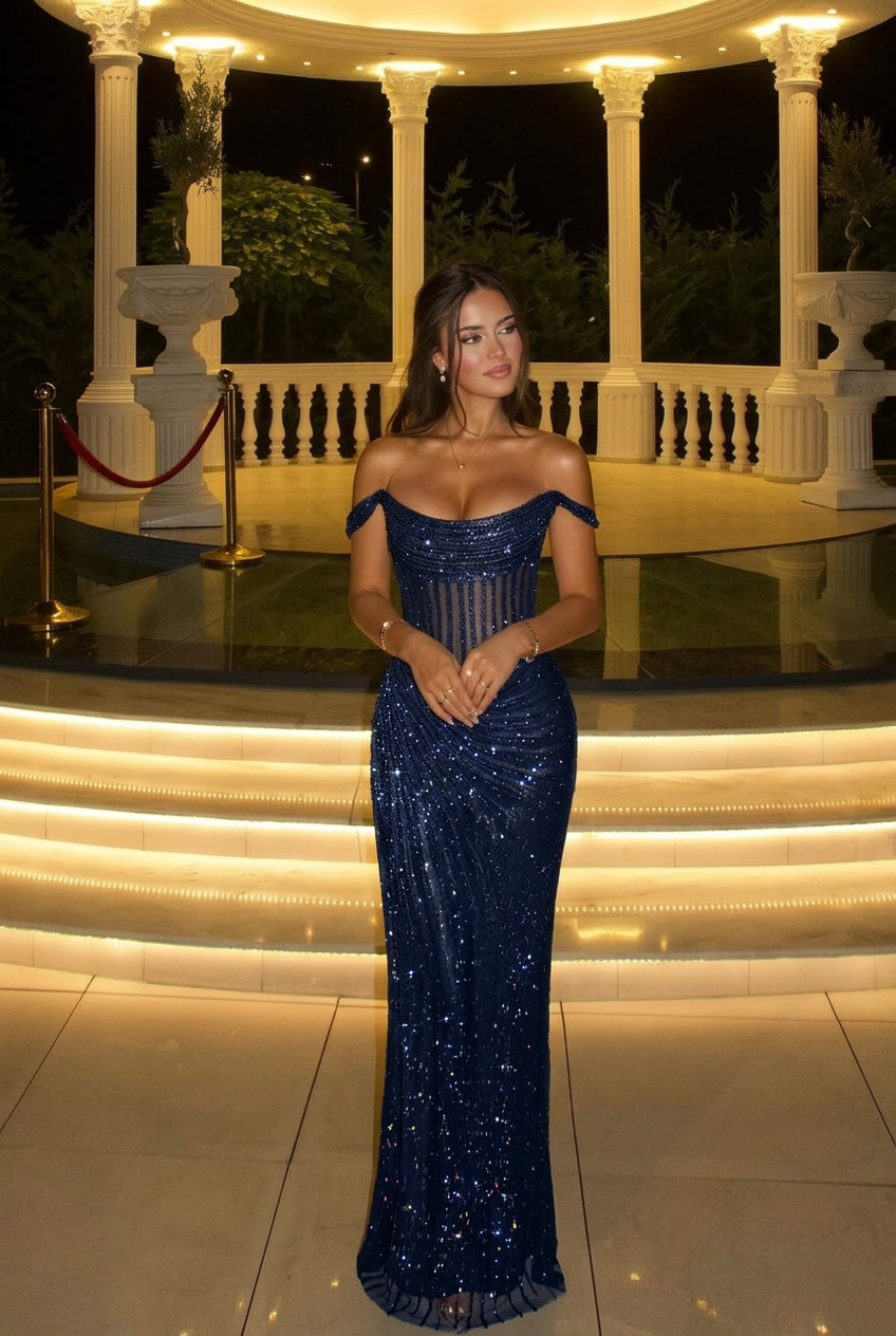 Dark navy off-the-shoulder sequin bodycon evening dress