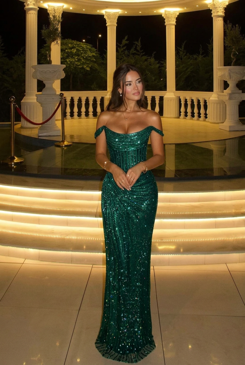 Dark green off-the-shoulder sequin bodycon evening dress
