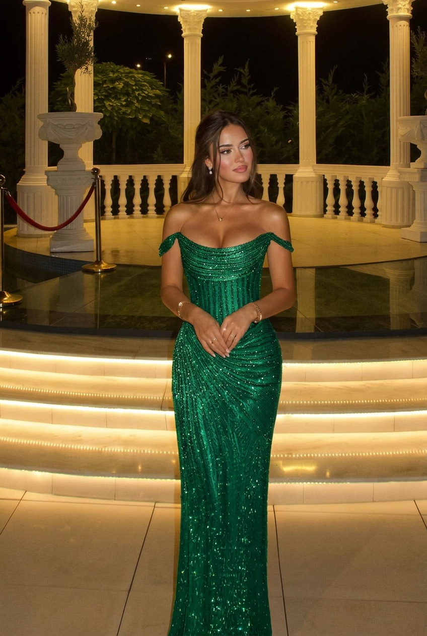 Emerald green off-the-shoulder sequin bodycon evening dress