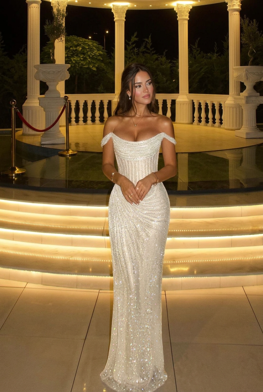 Ivory off-the-shoulder sequin bodycon evening dress