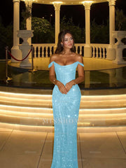Champagne Off-the-Shoulder Sleeveless Sequined Bodycon Floor Length Formal Evening Gown