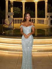 Champagne Off-the-Shoulder Sleeveless Sequined Bodycon Floor Length Formal Evening Gown