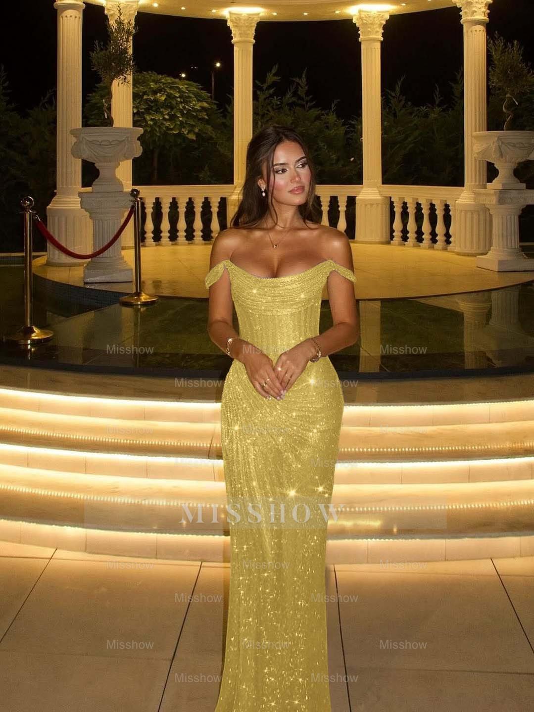 Champagne Off-the-Shoulder Sleeveless Sequined Bodycon Floor Length Formal Evening Gown