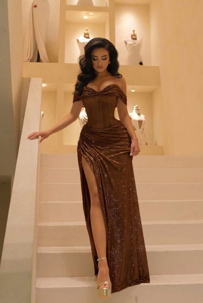 Chocolate off-the-shoulder sequin bodycon evening dress