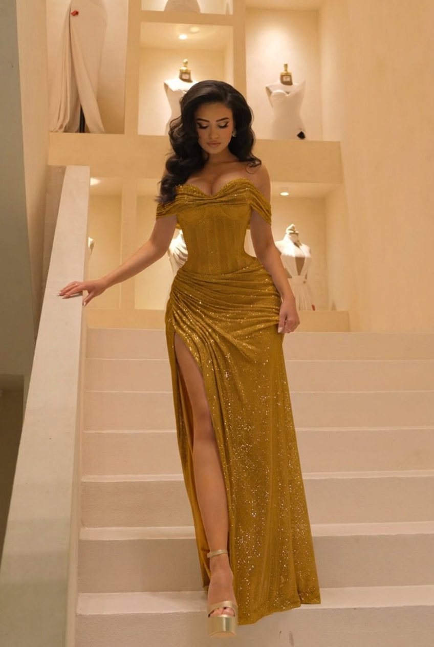 Gold off-the-shoulder sequin bodycon evening dress