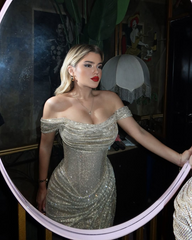 Champagne Off-the-Shoulder Sleeveless Sequined Draped Bodycon Floor Formal Evening Gown