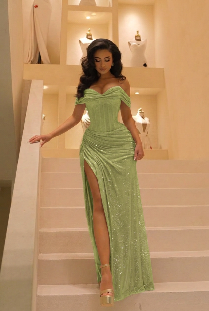 Sage off-the-shoulder sequin bodycon evening dress