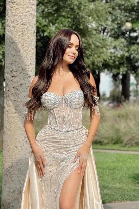 Champagne Off the Shoulder Sweetheart Beadings Long Formal Dress With Split