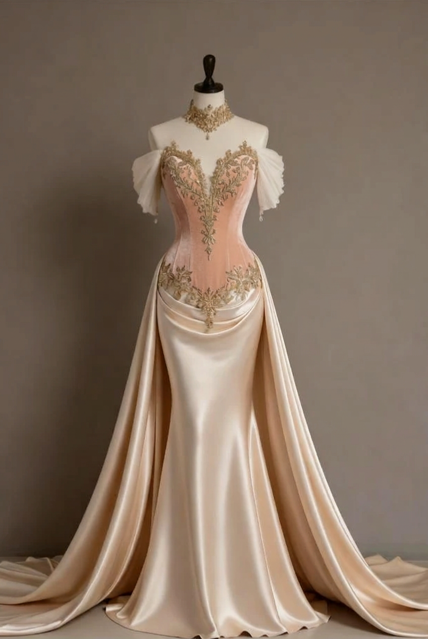 Pearl pink off-the-shoulder applique mermaid evening dress