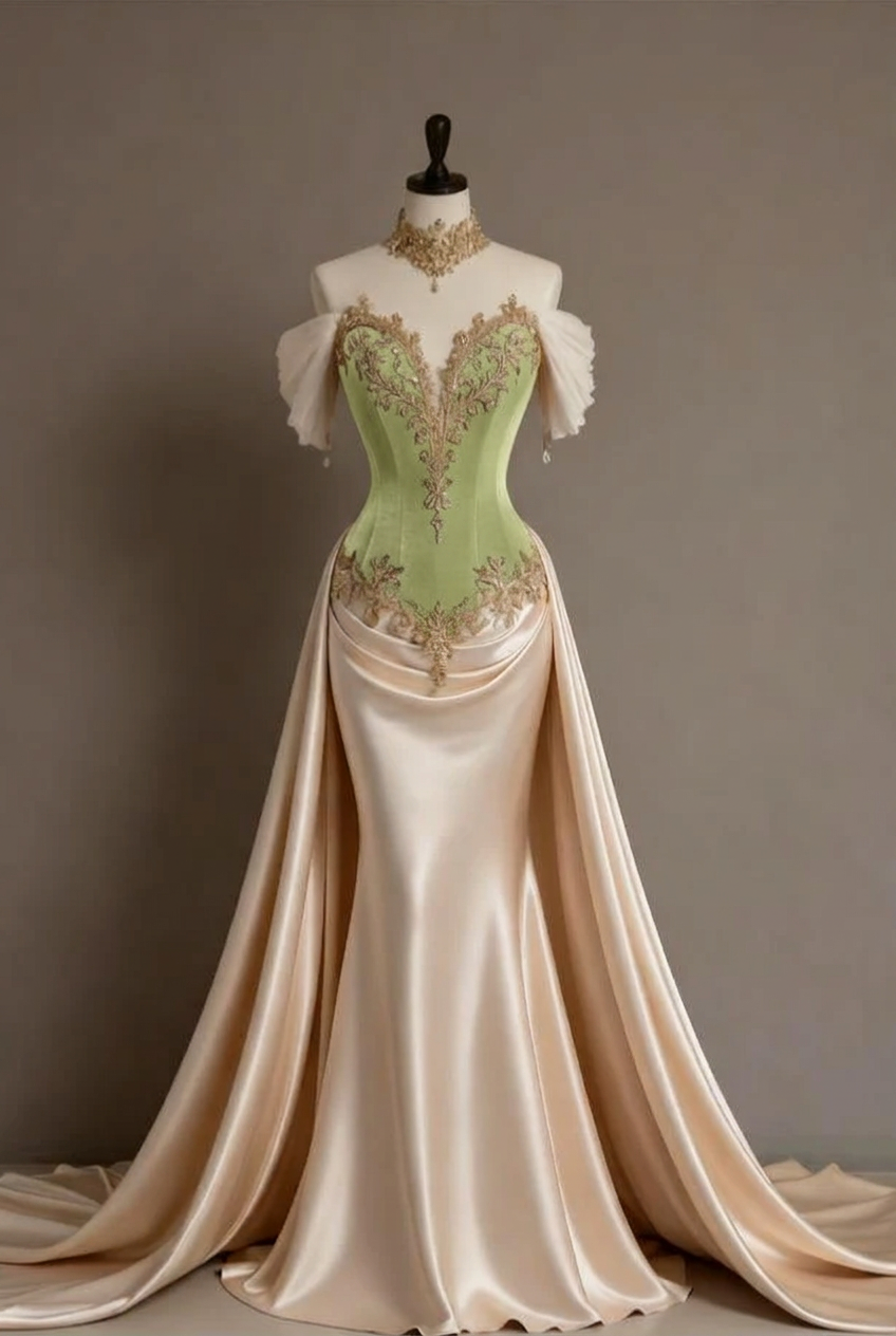 Sage off-the-shoulder applique mermaid evening dress