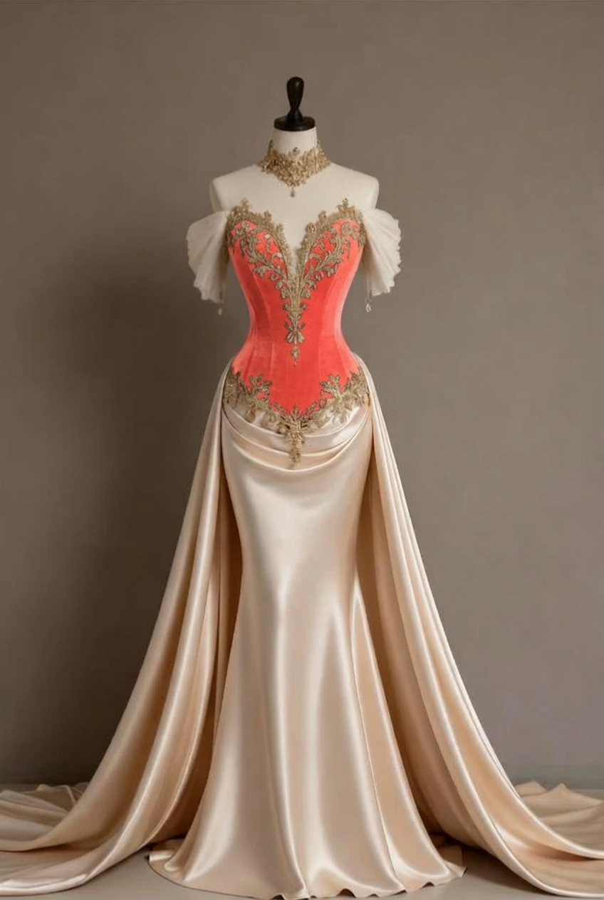 Coral off-the-shoulder applique mermaid evening dress
