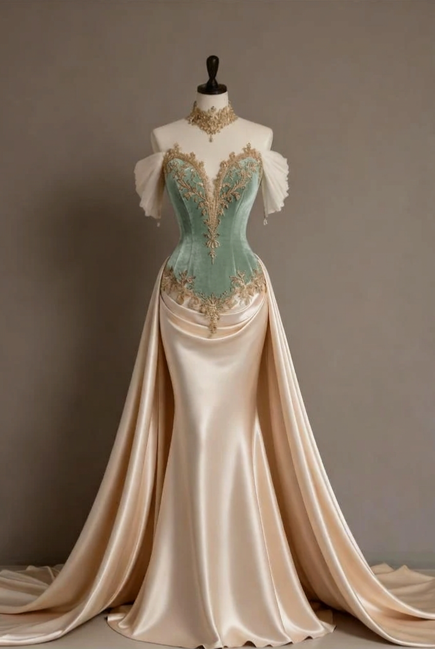 Dusty sage off-the-shoulder applique mermaid evening dress