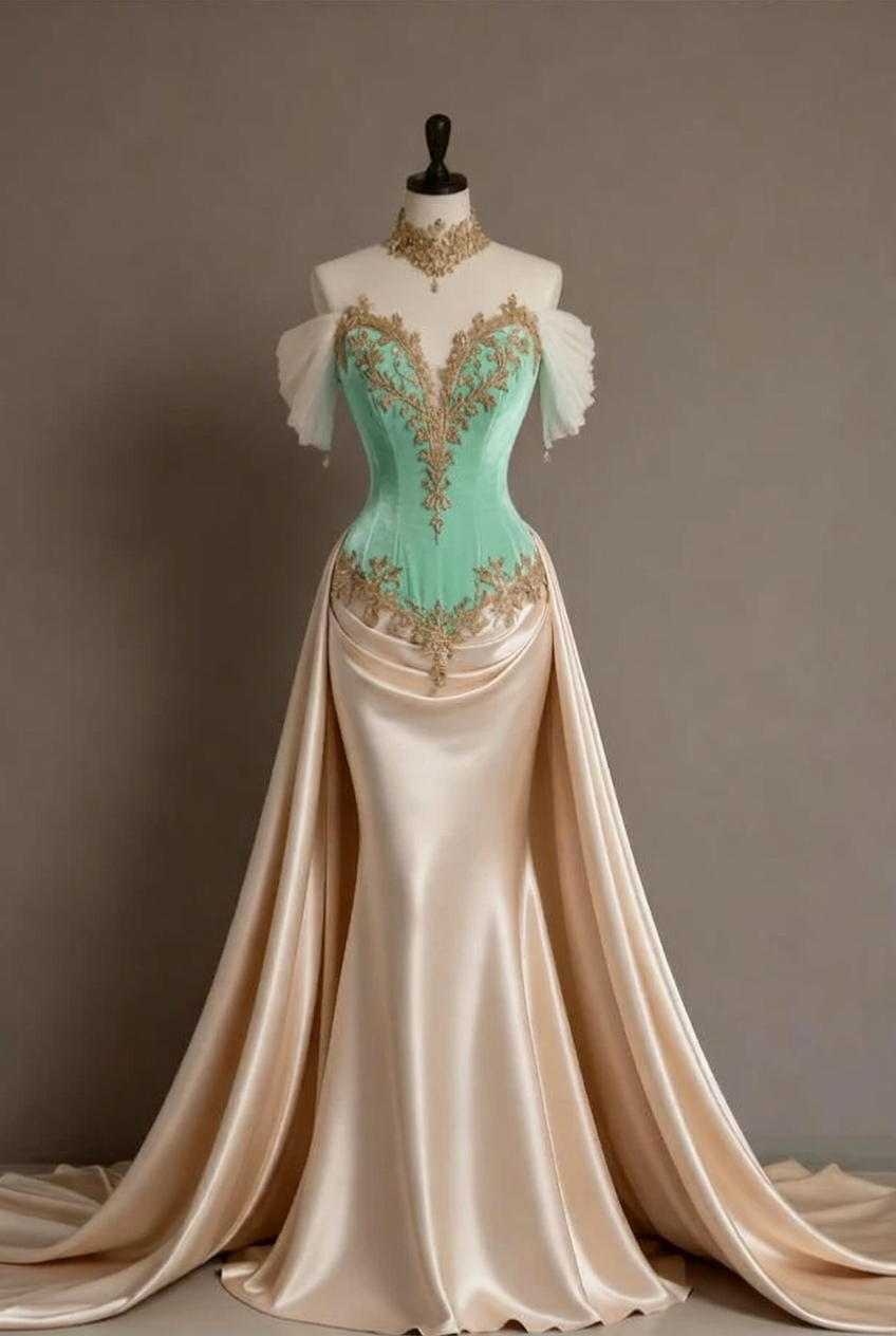Mint green off-the-shoulder applique mermaid evening dress
