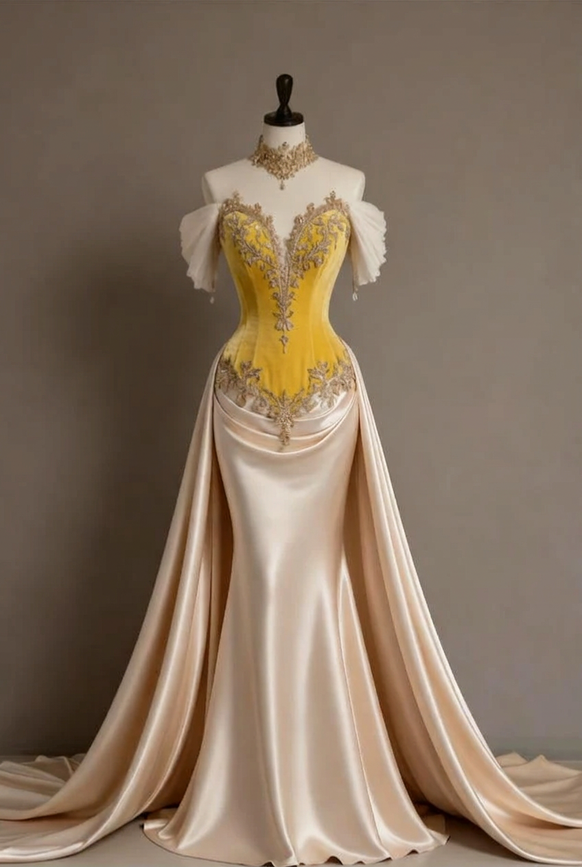 Yellow off-the-shoulder applique mermaid evening dress