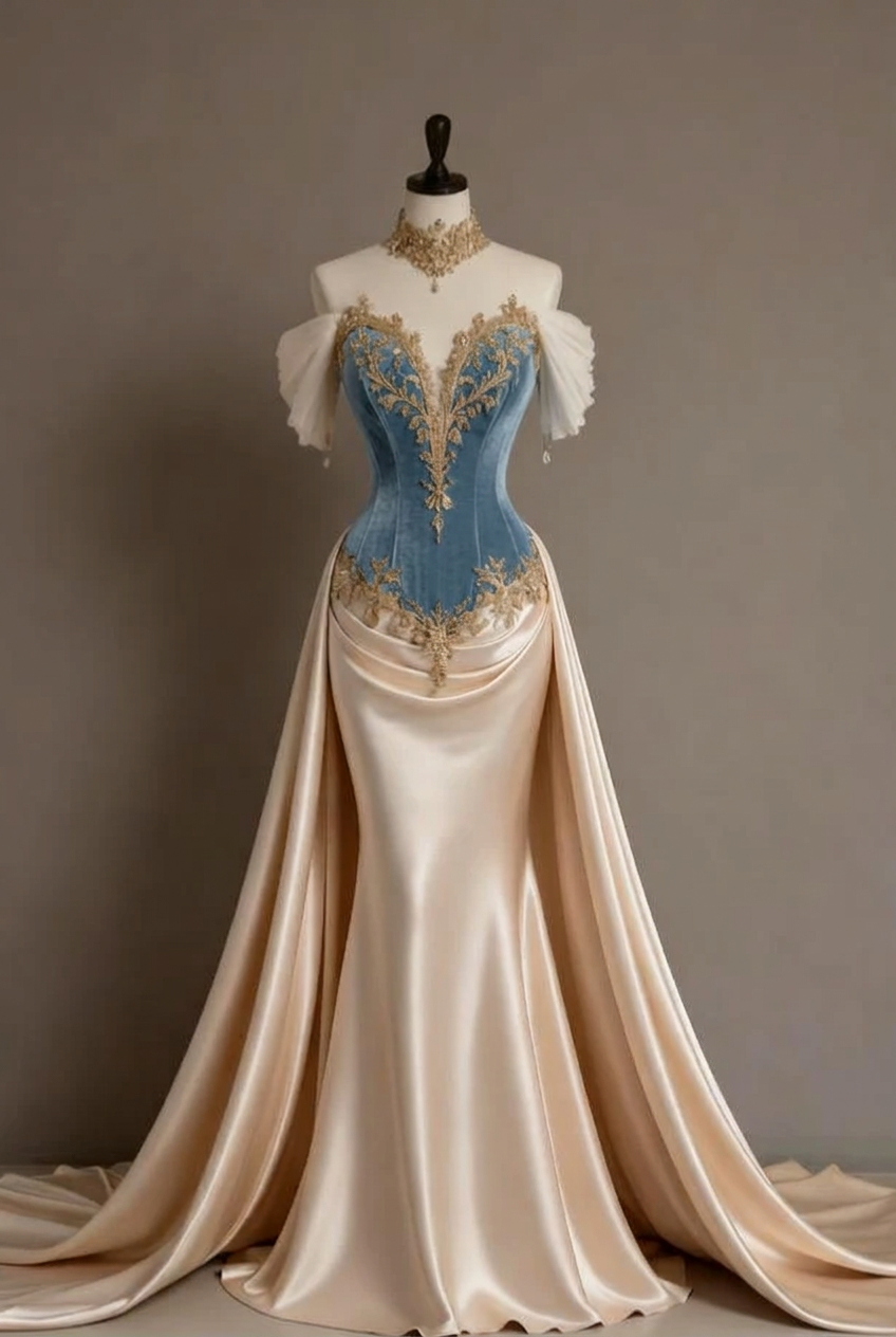 Dusty blue off-the-shoulder applique mermaid evening dress