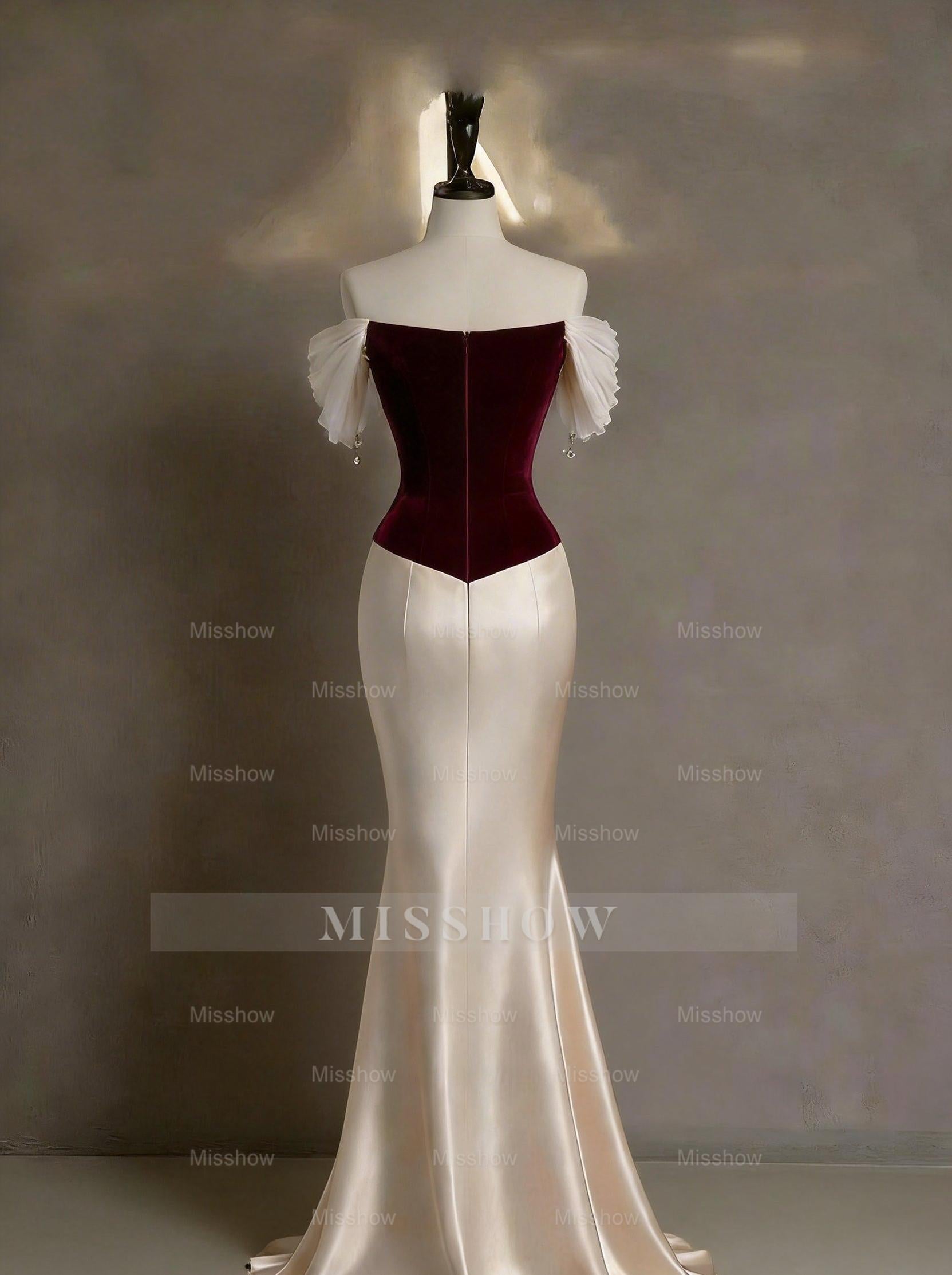 Champagne Off-the-shoulder Short Sleeve Appliques Mermaid Velvet Formal Evening Dress