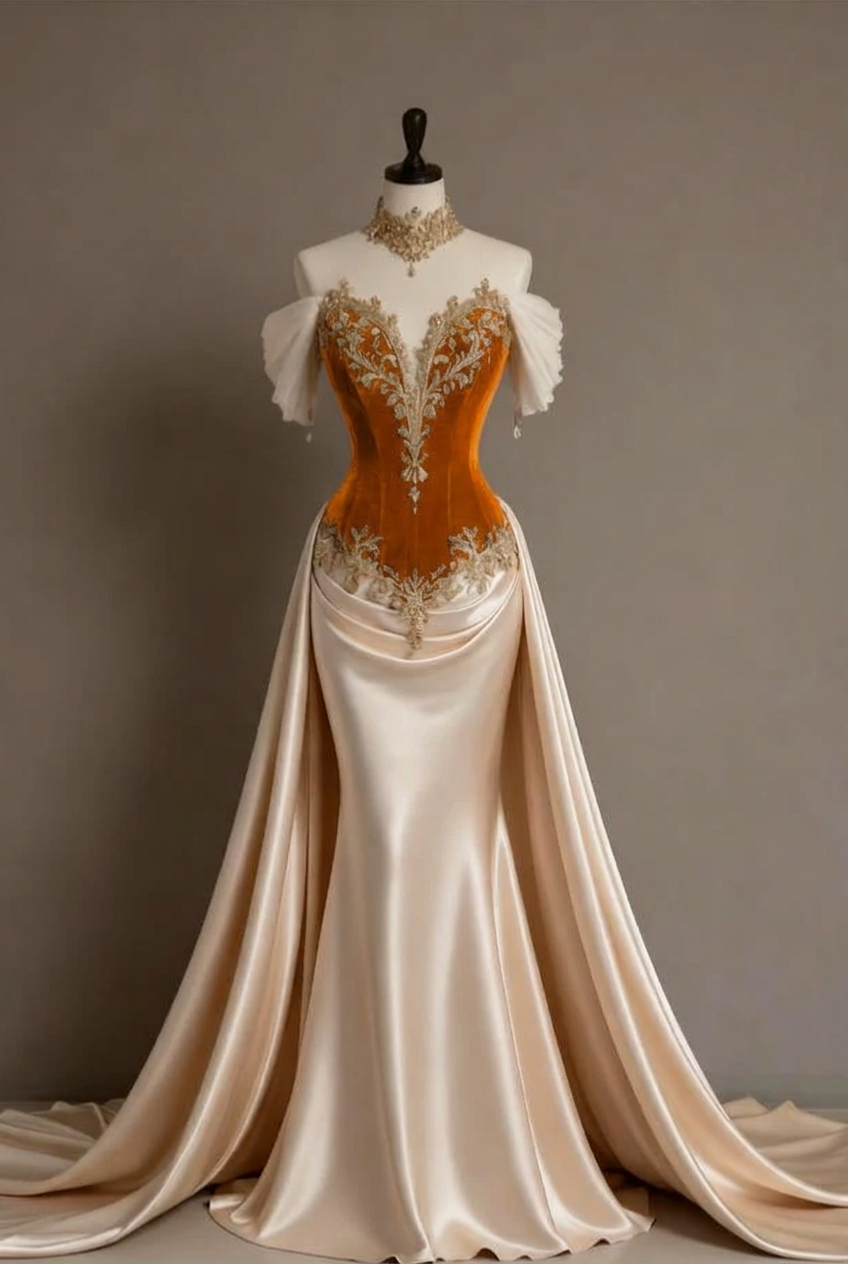 Orange off-the-shoulder applique mermaid evening dress