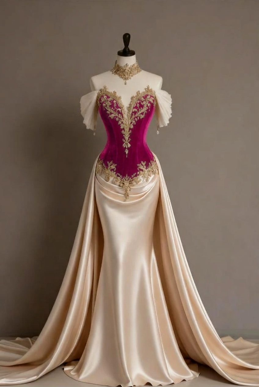 Fuchsia off-the-shoulder applique mermaid evening dress