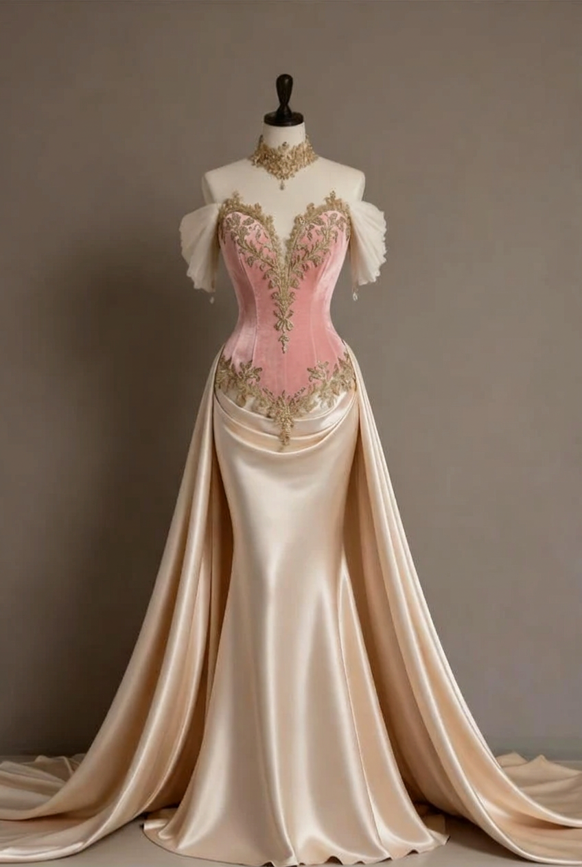 Blushing pink off-the-shoulder applique mermaid evening dress