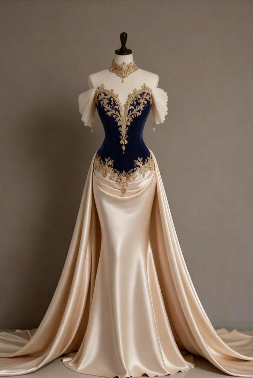 Dark navy off-the-shoulder applique mermaid evening dress