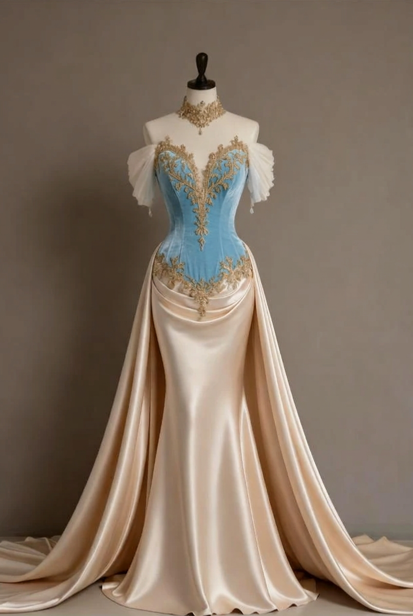 Light blue off-the-shoulder applique mermaid evening dress
