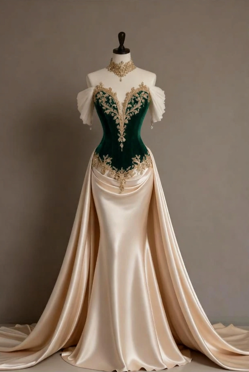 Dark green off-the-shoulder applique mermaid evening dress