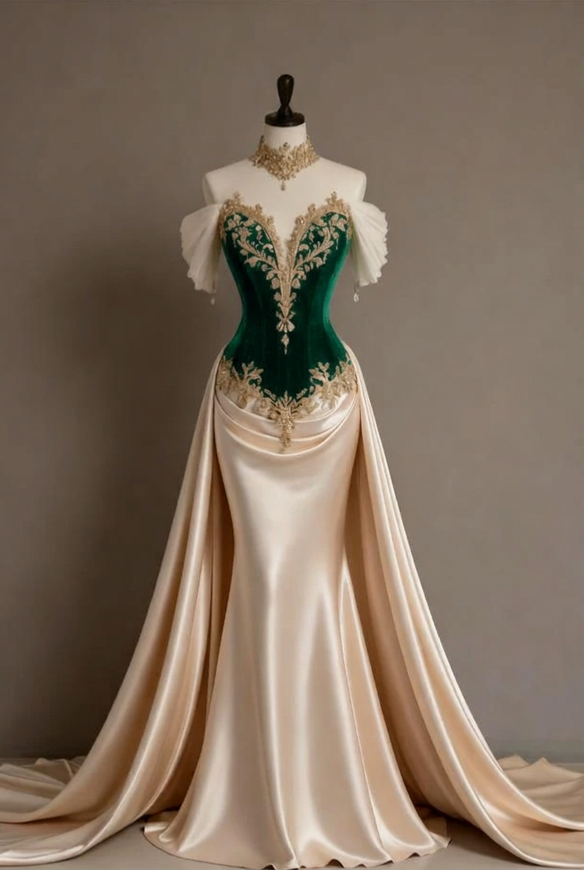 Emerald green off-the-shoulder applique mermaid evening dress
