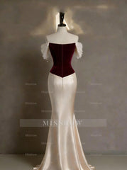 Champagne Off-the-shoulder Short Sleeve Appliques Mermaid Velvet Formal Evening Dress