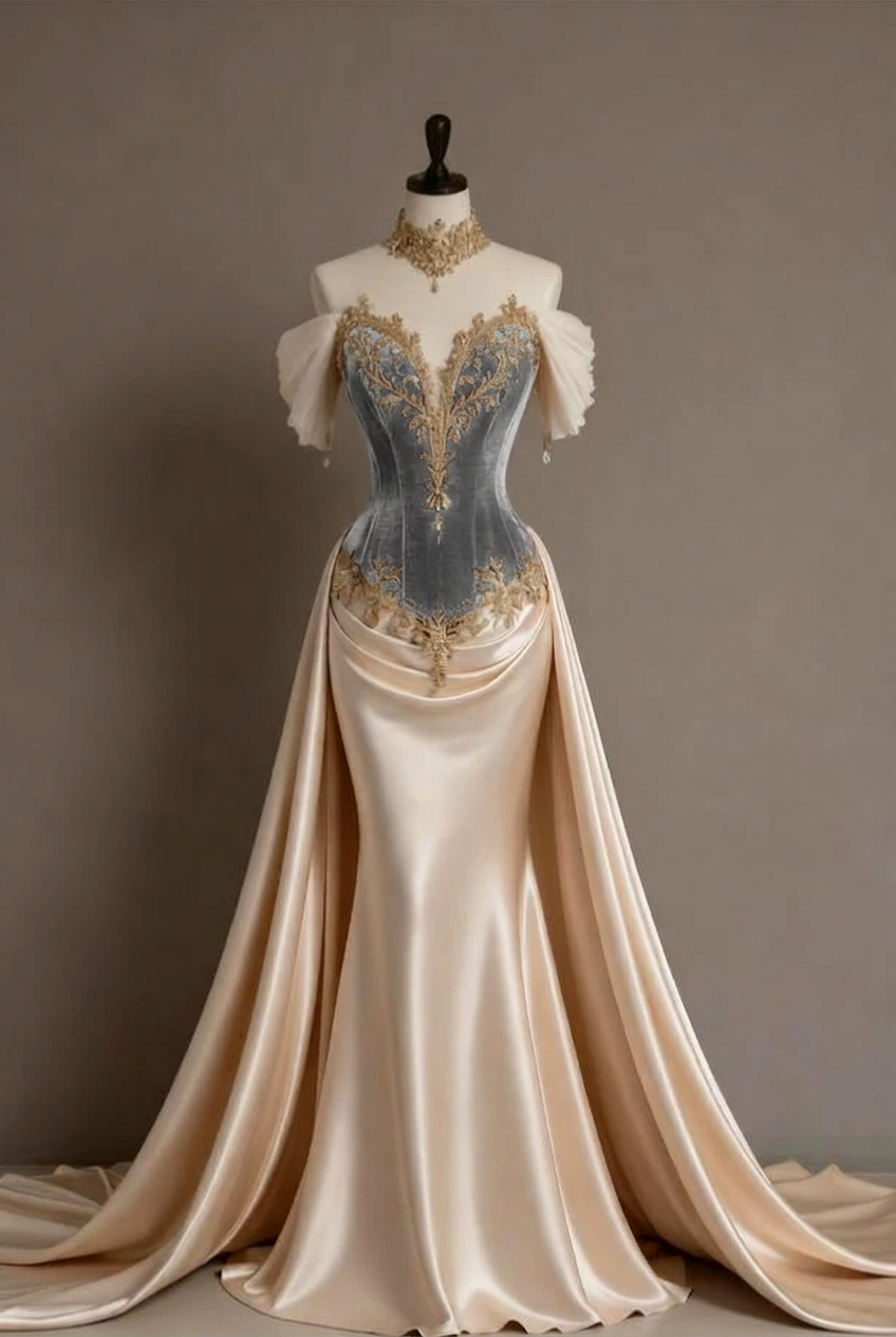 Silver off-the-shoulder applique mermaid evening dress